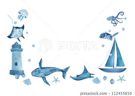 Watercolor hand-drawn blue monochromatic border isolated on white. Humpback whale, octopus, turtle, moon, lighthouse and sailboat  112455650