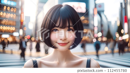 Portrait of a woman with short black hair (in the city) 112455780