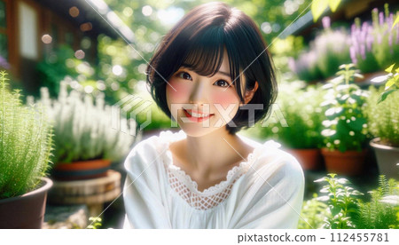 Portrait of a woman with short black hair (herb garden) 112455781