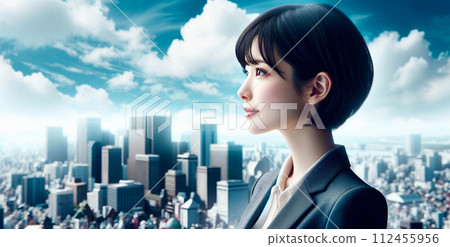 Portrait of a business woman with short black hair (in the city) 112455956