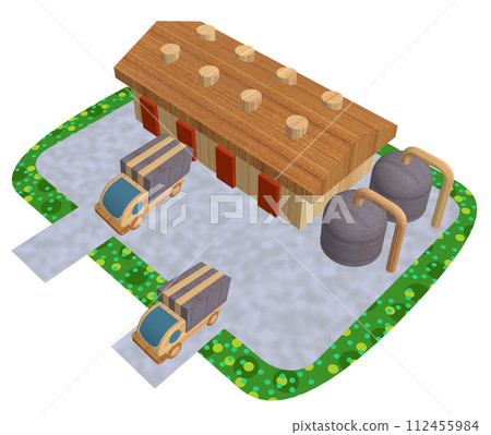 Woody Town - 3D futuristic illustration of wooden factory 112455984