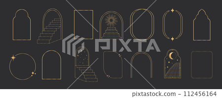 Golden thin line arch frame door stairs, sun and stars, mystic portal, astrology border, decoration, set minimal tatoo on dark background. Golden thin line arch frame door stairs, sun and stars, mystic portal, astrology border, decoration, set minimal tatoo on dark background. 112456164