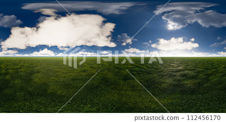 Green field with blue sky and white clouds 3d render illustration 360 panorama vr environment map 112456170