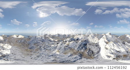 Majestic mountain range covered in snow under a clear blue sky at noon 360 panorama vr environment map 112456192