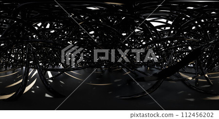 Abstract network of interconnected black strands in a dark setting 360 panorama vr environment map Abstract network of interconnected black strands in a dark setting 360 panorama vr environment map 112456202