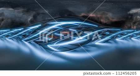 Futuristic blue neon grid building structure at night under a starry sky 360 panorama vr environment map 112456205