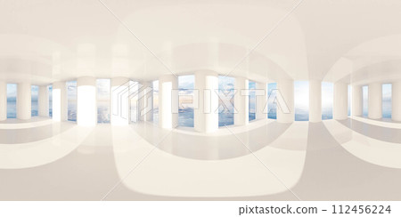 Modern panoramic corridor with ocean views at sunset 360 panorama vr environment map 112456224