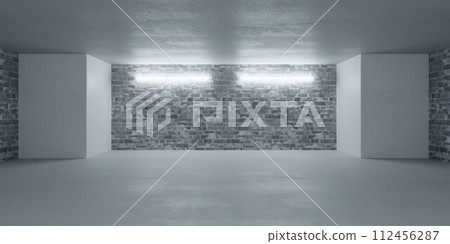 Empty basement room with brick wall and lights 3d render illustration 112456287