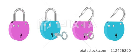 Padlock key. 3d unlock technology render. House internet or computer security. Metal door sign. Blocked or opened lock. Secret protection. Password secure. Vector isolated icons set Padlock key. 3d unlock technology render. House internet or computer security. Metal door sign. Blocked or opened lock. Secret protection. Password secure. Vector isolated icons set 112456290