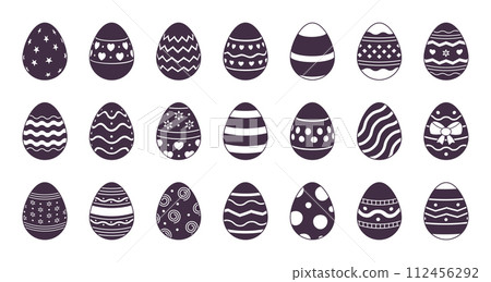 Easter eggs. Flat silhouette with patterns, symbol of happy Easter graphic shapes, black and white cute spring set. Decorative isolated traditional festive egg. Vector illustration icons Easter eggs. Flat silhouette with patterns, symbol of happy Easter graphic shapes, black and white cute spring set. Decorative isolated traditional festive egg. Vector illustration icons 112456292