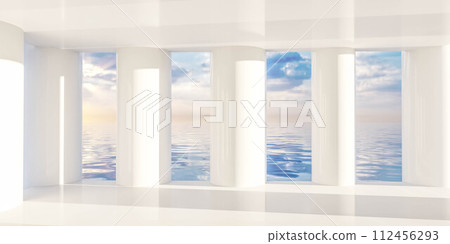 Empty room with columns and ocean view 3d render illustration Empty room with columns and ocean view 3d render illustration 112456293