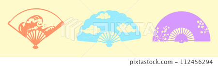 Paper fan. traditional Japanese or Chinese women geisha elegance attribute. Oriental souvenir, colorful isolated elements with pattern, ocean and clouds. Fashion accessory. Vector illustration 112456294