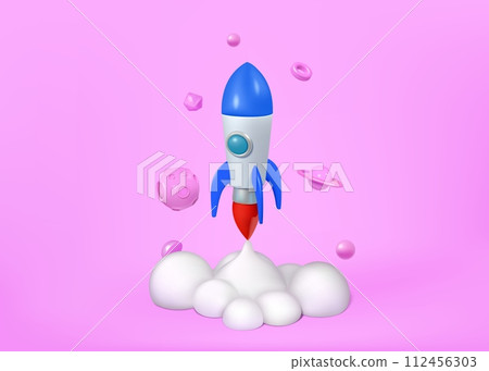 3d rocket. Space start elements, cute planets, spaceship launch in realistic fire cloud, creative technology isolated render object. Startup business idea, adventure shuttle. Vector design icon 3d rocket. Space start elements, cute planets, spaceship launch in realistic fire cloud, creative technology isolated render object. Startup business idea, adventure shuttle. Vector design icon 112456303