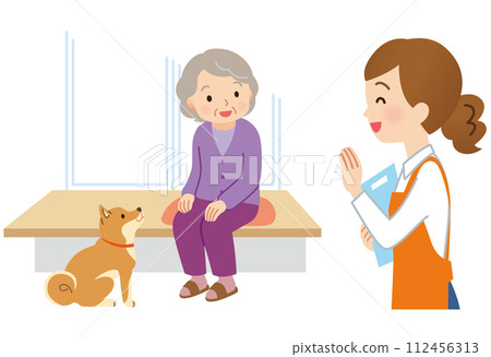 Female helper visiting elderly people's homes, nursing care, welfare 112456313