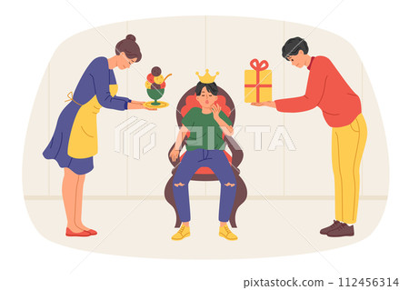 Problems in raising spoiled boy, parents trying to please beloved son with gifts and sweets 112456314