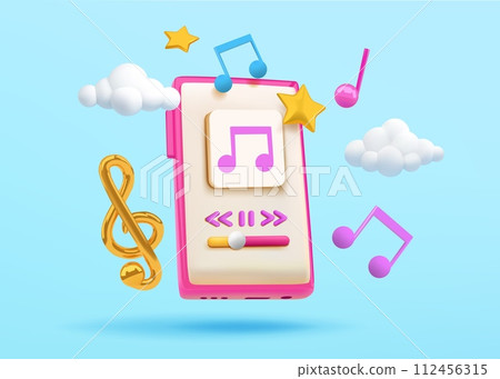 3D phone. Music playlist render in cellphone. Online soundtrack streaming. Play UI button. Song store app. Smartphone technology. Sound listening. Musical note. Vector realistic icons 112456315