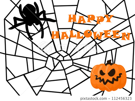 Happy Halloween banner. Orange angry spooky pumpkin and spider on spiderweb. Simple style drawing. Autumn horror holiday invitation and party poster design. Festive card vector illustration Happy Halloween banner. Orange angry spooky pumpkin and spider on spiderweb. Simple style drawing. Autumn horror holiday invitation and party poster design. Festive card vector illustration 112456323