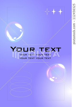 Bubble poster. Abstract contemporary background with copy space for text. Flying soap balls and white geometric figures on purple background. Wall art, banner or cover. Vector illustration 112456325