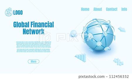 Global world. Financial network. Payment map or trade foreign export. Website landing page. Digital economy invest globe. Finance transfer. Dollar transaction. Vector isometric banner Global world. Financial network. Payment map or trade foreign export. Website landing page. Digital economy invest globe. Finance transfer. Dollar transaction. Vector isometric banner 112456332