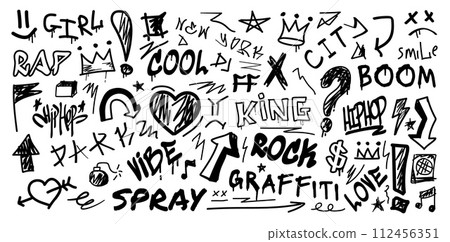 Graffiti spray elements. Art doodle font. Urban brush texture. Hand drawn lines. Graphic heart or star. Wall painting. Marker lettering. Underground print. Vector grunge text icons set Graffiti spray elements. Art doodle font. Urban brush texture. Hand drawn lines. Graphic heart or star. Wall painting. Marker lettering. Underground print. Vector grunge text icons set 112456351