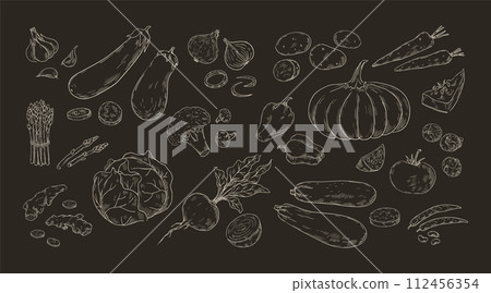 Sketch vegetables. Hand drawn pumpkin, carrot and cabbage. Vegetarian food set. Autumn natural harvest. White elements on black background, chalk drawing. Vector organic products illustration 112456354