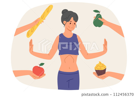 Woman with anorexia and dystrophy refuses to eat, standing among hands with fruits and pastries 112456370
