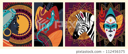 African pattern. Africa ethnic wall art. Tribal dance. Zebra or giraffe. Iguana lizard. Geometric fabric decoration. Woman native costume. Traditional ornament. Vector abstract banners set 112456375