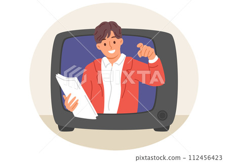 Man TV show announcer looks out of retro tv, recommending to buy advertised product 112456423