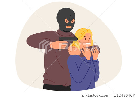 Man criminal holds frightened girl hostage, threatening with gun to get rid of police pursuit 112456467