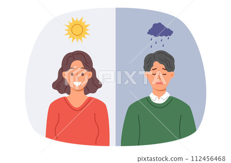 Influence climate on mood causes joy in woman during sunny weather or sadness in guy when it rains 112456468