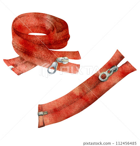 Hand drawn watercolor illustration sewing craft seamstress supplies tools. Clothing clasp fabric zippers fly fasteners. Set of objects isolated on white background. Design atelier, tailor, hobby shop 112456485