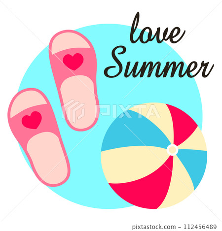 Love summer. Beach flip-flops and an inflatable striped ball. Vector illustration in flat style 112456489