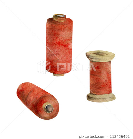 Hand drawn watercolor illustration sewing craft embroidery stitching supplies. Thread bobbins spools skeins yarn. Set of objects isolated on white background. Design atelier, tailor, hobby shop 112456491