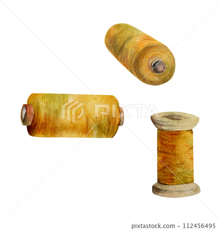 Hand drawn watercolor illustration sewing craft embroidery stitching supplies. Thread bobbins spools skeins yarn. Set of objects isolated on white background. Design atelier, tailor, hobby shop 112456495