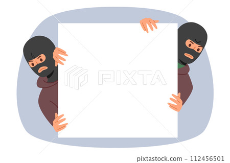 Man bandits in balaclavas hold blank banner, offering to place your text on copy space Man bandits in balaclavas hold blank banner, offering to place your text on copy space 112456501