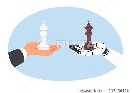 Chess kings in hands of human and robot, competing in strategic planning and management knowledge 112456516