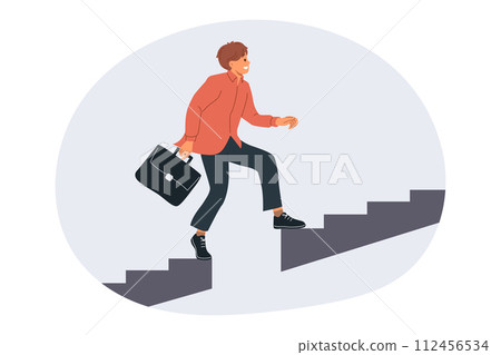 Business man grows professionally by climbing up stairs and overcoming obstacles from missing steps 112456534