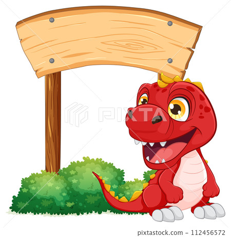 Cheerful Dinosaur Under Wooden Sign Cheerful Dinosaur Under Wooden Sign 112456572