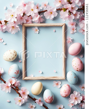 Easter light blue background anchors a delicate border of soft pink cherry blossoms and pastel Easter eggs Easter light blue background anchors a delicate border of soft pink cherry blossoms and pastel Easter eggs 112456661