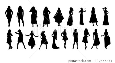 Silhouettes of girls in evening dresses. hand drawing. Not AI, Vector illustration Silhouettes of girls in evening dresses. hand drawing. Not AI, Vector illustration 112456854