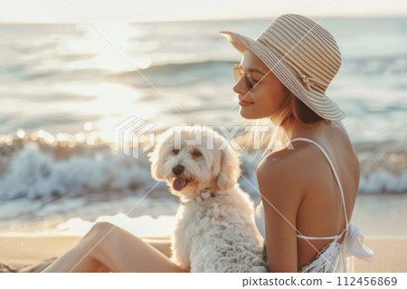 Woman sitting with dog on sand dune at beach. Generative AI 112456869