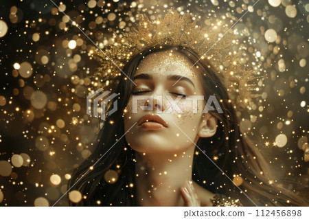 Beauty woman on dark background with magic glow. Generative AI 112456898
