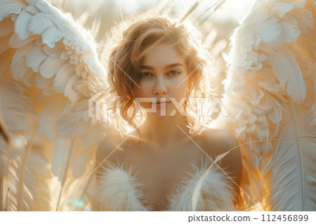 Beautiful young woman with angel's wings. Generative AI Beautiful young woman with angel's wings. Generative AI 112456899