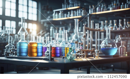 The room of a chemical styrene laboratory with volumetric hologram of a DNA molecule, various glass flasks on the table and a , scientific style 112457090
