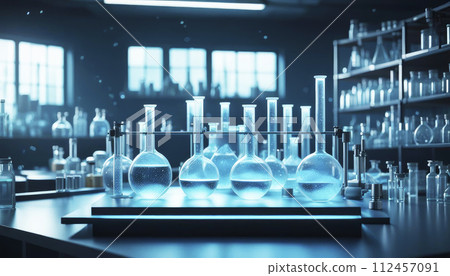 The room of a chemical styrene laboratory with volumetric hologram of a DNA molecule, various glass flasks on the table and a , scientific style The room of a chemical styrene laboratory with volumetric hologram of a DNA molecule, various glass flasks on the table and a , scientific style 112457091