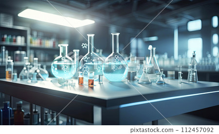 The room of a chemical styrene laboratory with volumetric hologram of a DNA molecule, various glass flasks on the table and a , scientific style 112457092