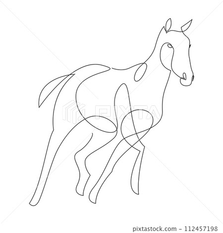 Continuous one line drawing of running horse. Black and white vector illustration. Continuous one line drawing of running horse. Black and white vector illustration. 112457198
