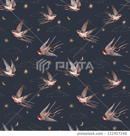 Beautiful seamless pattern with hand drawn watercolor swallows. Martin birds. Stock illustration. Beautiful seamless pattern with hand drawn watercolor swallows. Martin birds. Stock illustration. 112457248