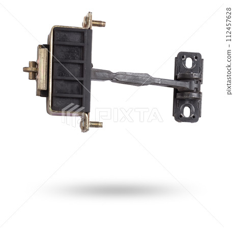 Metal and plastic car spare parts on a white isolated background - door stopper that prevents hard touches of body elements, damage or breakage. Detail of a mechanical assembly. 112457628