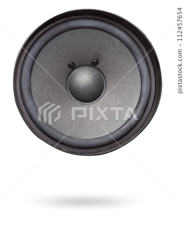Two speakers of an acoustic system - an audio for playing music in a car interior on a white isolated background in a photo studio. Spare parts for auto repair in a workshop or for sale for tuning Two speakers of an acoustic system - an audio for playing music in a car interior on a white isolated background in a photo studio. Spare parts for auto repair in a workshop or for sale for tuning 112457654